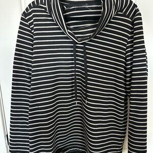 Ladies cowl neck draw string gray and black striped top top